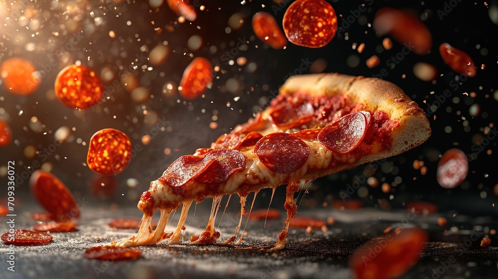 Wall mural a flying slice of pepperoni pizza with stretching cheese on a black background.