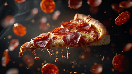 Foto op Plexiglas A flying slice of pepperoni pizza with stretching cheese on a black background. © Vasiliy