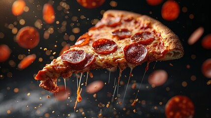 A flying slice of pepperoni pizza with stretching cheese on a black background. - obrazy, fototapety, plakaty