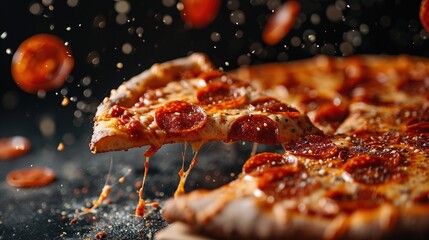 A flying slice of pepperoni pizza with stretching cheese on a black background.