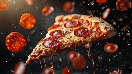 A flying slice of pepperoni pizza with stretching cheese on a black background.