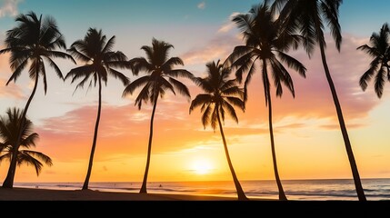 Generative AI : Panorama of Silhouette of coconut palm trees on tropical beach at sunset.