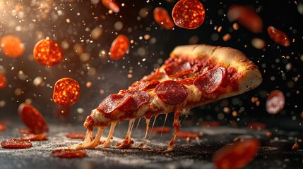 A flying slice of pepperoni pizza with stretching cheese on a black background. - Powered by Adobe