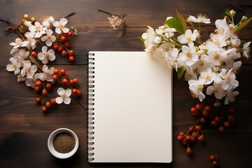 Generative AI : A blank notebook with flowers and fruits placed on glass table