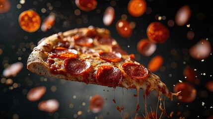 A flying slice of pepperoni pizza with stretching cheese on a black background.