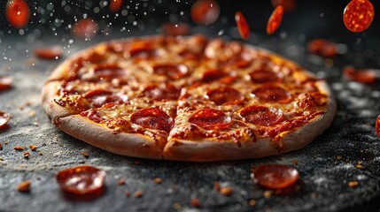 Delicious pepperoni pizza with stretching cheese on a black background.