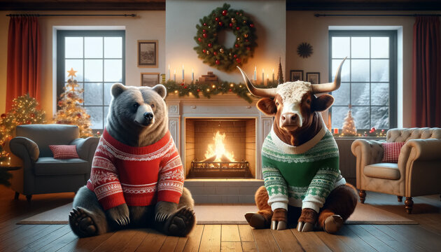 Bull and bear, the stock market mascots on Christmas eve by the fireplace