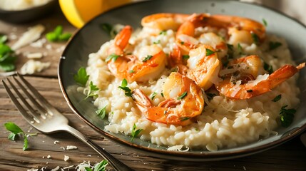 Generative AI : Creamy risotto with shrimps fried prawns