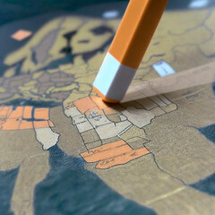 Ein Bleistift radiert mit der Radierspitze Stellen von einer Karte weg - obrazy, fototapety, plakaty