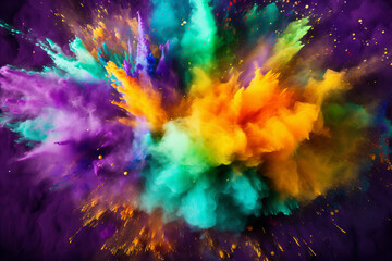 Colored powder explosion. Colorful purple, green, gold colors dust background. Holi paint powder splash in colors of Mardi gras carnival - obrazy, fototapety, plakaty