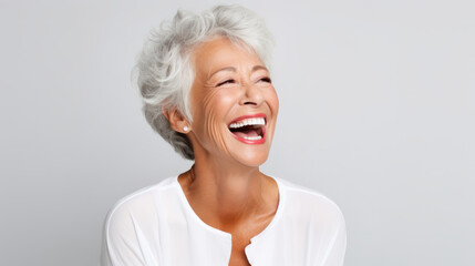 Generative AI image of a cute old white american senior woman model with perfect clean teeth laughing and smiling