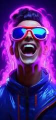 Generative AI image of a purple avatar is wearing purple glasses screams