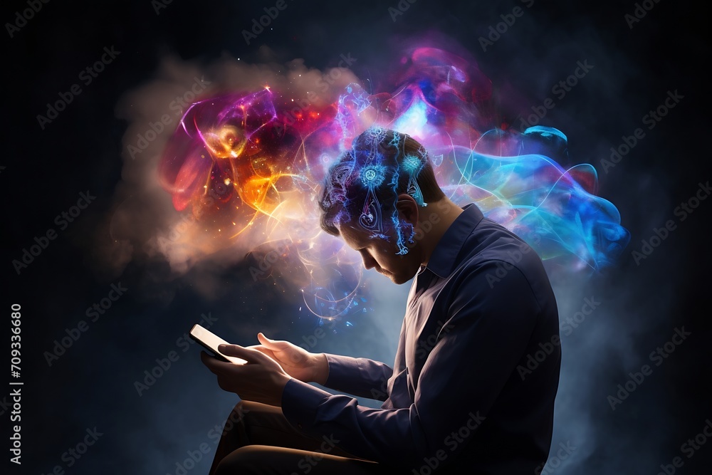 Poster generative ai : a man using a tablet, hyperfocused, aura from head