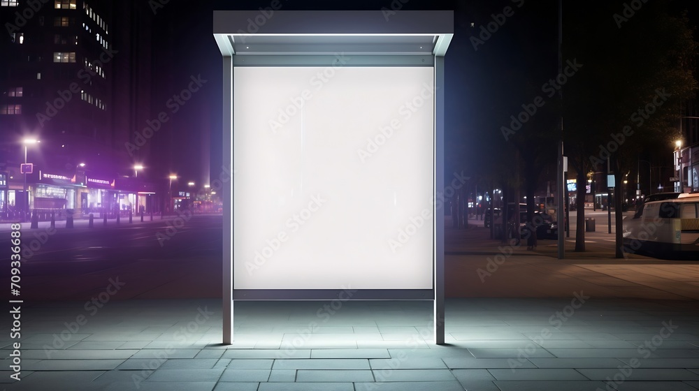 Aufkleber generative ai : blank white mock up of vertical light box in a bus stop at night