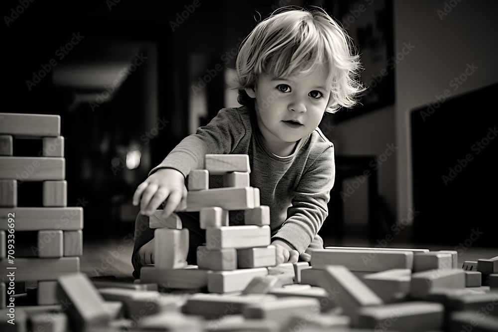 Poster Generative AI : young kid playing with blocks at home.