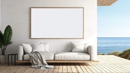 Generative AI : portrait white blank black framed canvas mockup in beach house - obrazy, fototapety, plakaty