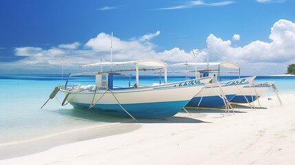 Generative AI : Boracay boats on the White beach. The overall color scheme is soft and bright champagne