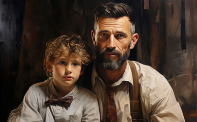 A stylish man with a beard siting next to a boy. Father and son, two generations, Stage image, retro style. Portrait of a man. Oil painting in retro style. 