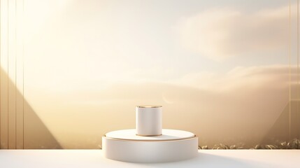 Generative AI : White cylinder podium in empty scene. Minimal scene with sunset sky outside the window.