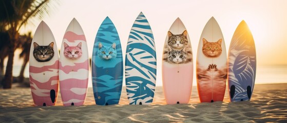Surfboards with cats pattern. Surfboards on the beach. Vacation Concept. Panoramic banner with copy...