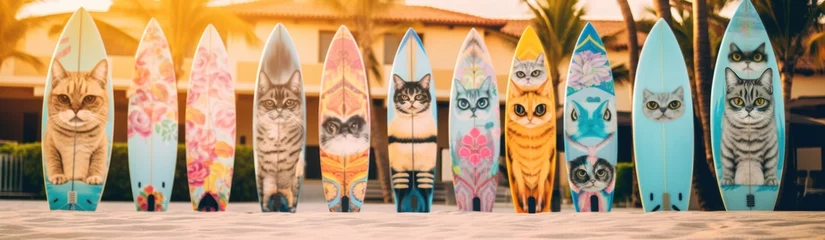 Foto op Plexiglas Surfboards with cats pattern. Surfboards on the beach. Vacation Concept. Panoramic banner with copy space. Surfboards on the beach. Concept of summer vacation and travel. © John Martin