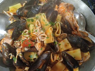 seafood paella in a pan