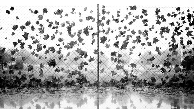 Fototapeta Black and white photograph capturing the poetic interplay of fallen leaves entangled on a chain-link fence with their reflection creating a mirror image on a wet surface below