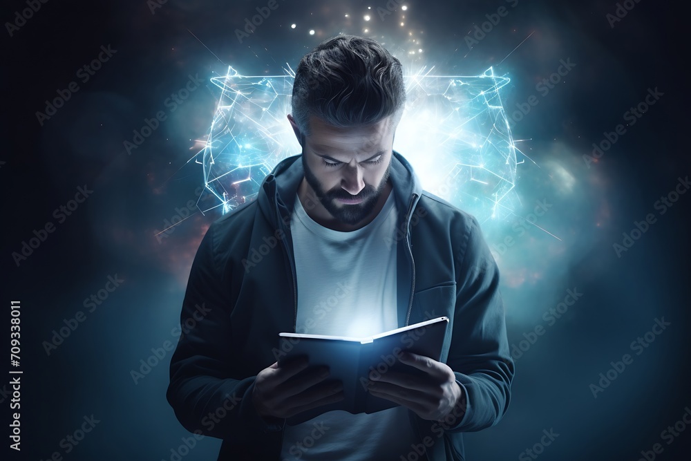 Poster generative ai : a man using a tablet, hyperfocused, aura from head