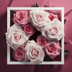 Image of pink roses,, unique framing and composition,bright color blocks, lightbox, bold, simple design