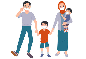 Muslim family is sick due to air pollution and have to wear masks