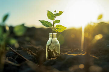 young plant sprouting from a bottle in soil, bathed in the warm glow of the sunset, ai generative - obrazy, fototapety, plakaty