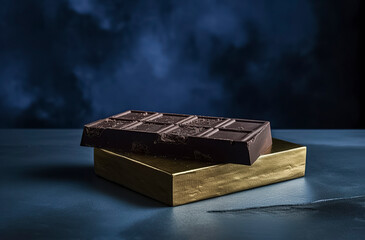 luxurious dark chocolate bar on a golden platform against a moody, dark blue backdrop, highlighted by dramatic lighting, ai generative