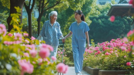 senior woman walking with nurse or assistant in garden