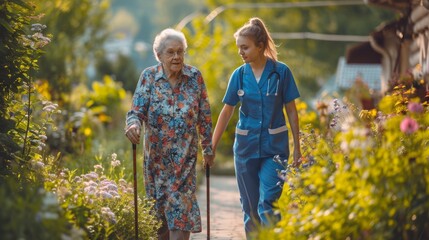 senior woman walking with nurse or assistant in garden - obrazy, fototapety, plakaty