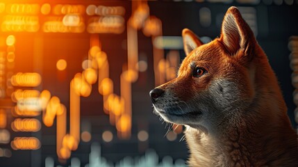 shiba inu dog and computer screens with trading candle charts