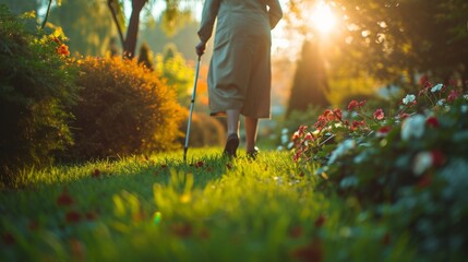 feet of elderly woman walking outdoors, aging