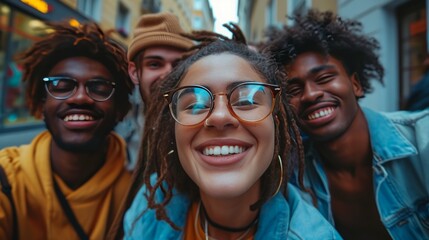Fototapeta premium group of smiling young people taking selfie on the street