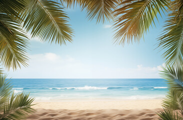 Fototapeta na wymiar Weißer Sandstrand und türkis blaues Meer, Strand mit Palmen im Paradies, Palmen Rahmen den Blick auf das Meer