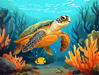 Fototapeta na wymiar Vector drawing of large turtle under water at the coral reef with tropical fishes. Underwater world of the ocean. Algae, corals and sea anemones on the seabed.