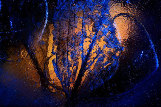 A delicate leaf's veins radiate out like a frozen firework beneath the icy surface, set against a deep blue and golden backdrop that captures the essence of a chilly autumn dusk - Powered by Adobe
