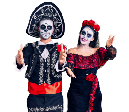 Young couple wearing mexican day of the dead costume over background looking at the camera smiling with open arms for hug. cheerful expression embracing happiness.