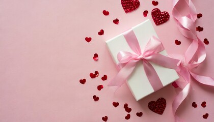 top view photo of st valentine s day decorations white gift box with bow pink curly ribbon and sequins on pastel pink background with copyspace