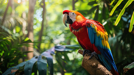 A colorful parrot with a bright crest, sits on a branch in a tropical forest surrounded by lush ve