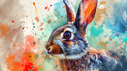 An abstract portrait of a watercolor rabbit with bright strokes that create softness and tendernes