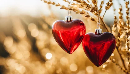Fotobehang two red glass hearts on golden branches with beautiful light love and date st valentines day card 14 february wedding invitation or thank you concept wide banner with copy space © Wendy