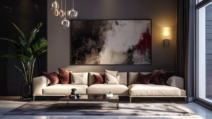 A creative lounge with a soft sofa and amazing picture, which becomes a focal element in the inter - obrazy, fototapety, plakaty