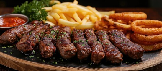 Cevapcici served with fries and onion rings. - obrazy, fototapety, plakaty