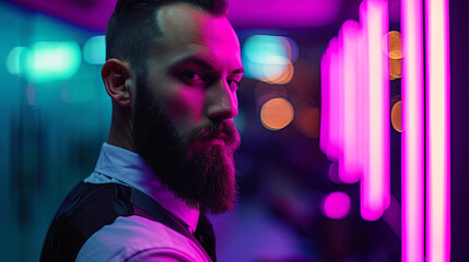 A portrait of a man with a sophisticated beard, against the background of a modern barbershop with