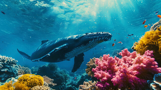 A photograph of a whale floating along the coral reef gives the picture of the underwater world br