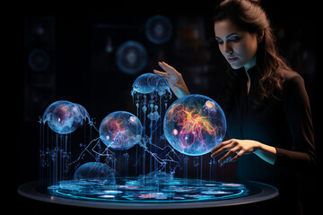 woman demonstrates a holographic sphere presentation of modern biotechnology